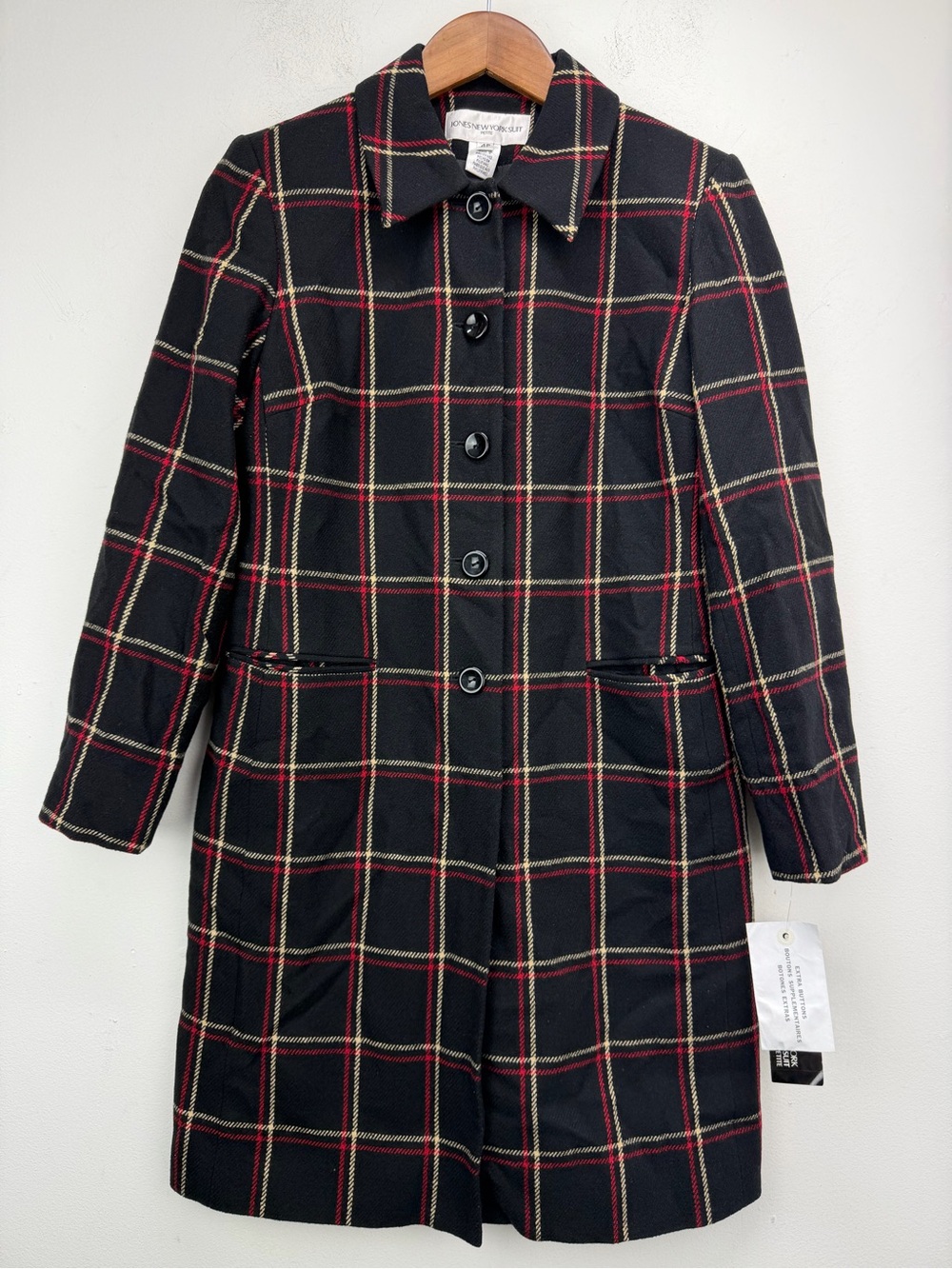 Jones New York size 4 Petite Women’s Black Plaid Wool Blend Trench Coat NWT